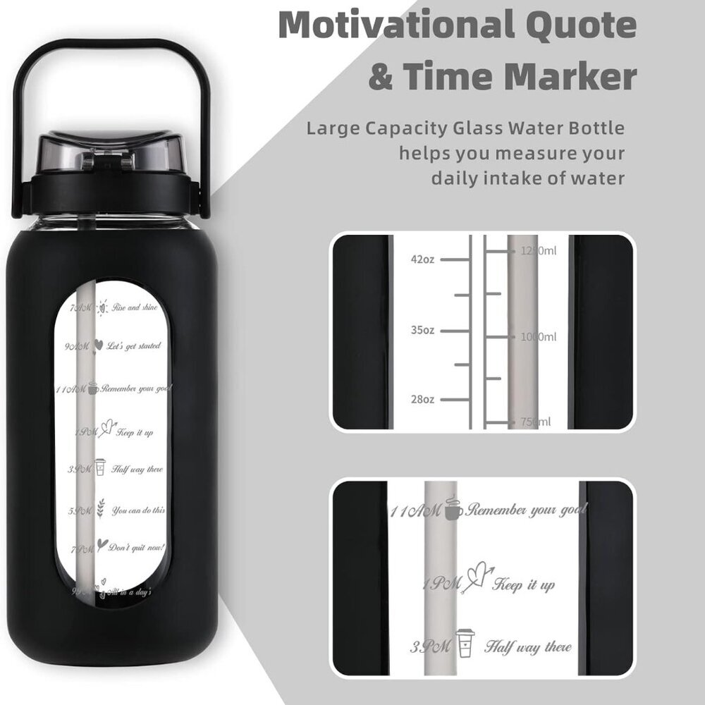 64oz Glass Water Bottle with Straw and Handle Lid Half Gallon Motivational Glass - Picture 5 of 6